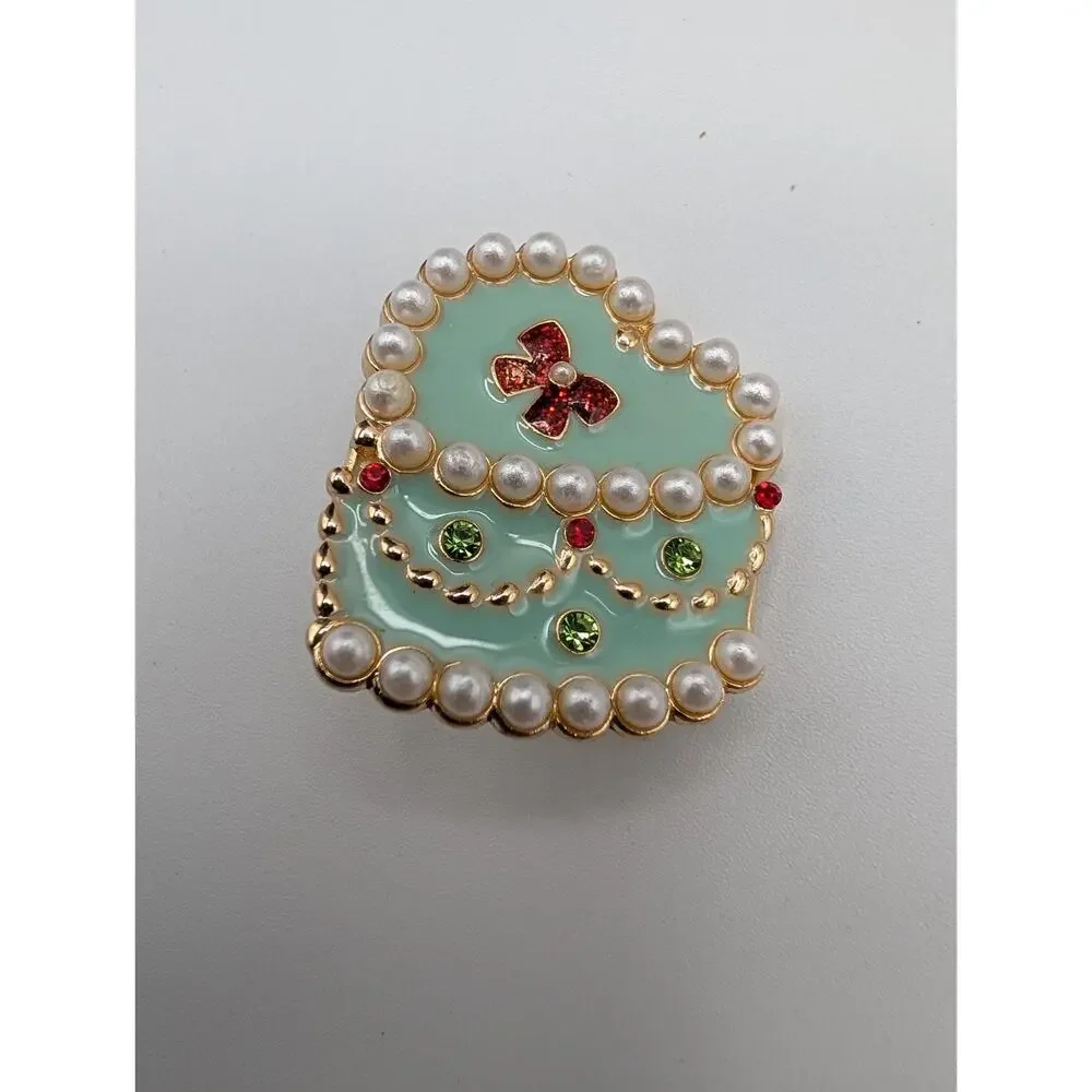 Elegant Mint Green Heart Cake Shaped Pin Brooch Faux Pearl Rhinestone Gold Tone
